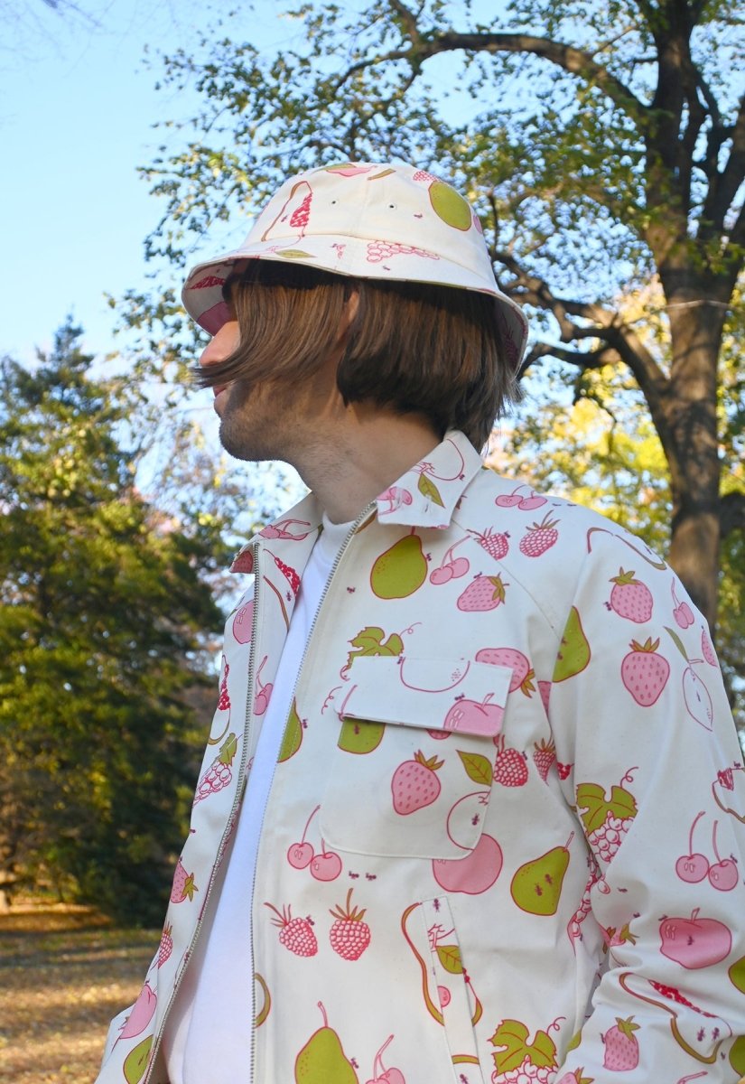 matching "All over Fruit" print bucket hat and jacket