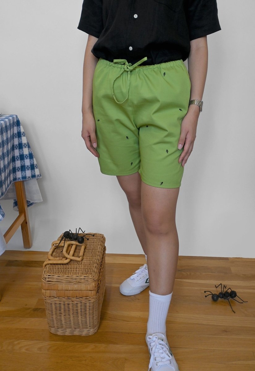 HO HOS HOLE IN THE WALL brand Custom print "Ants on Your Pants" pull-on shorts in Avocado Green dye colorway