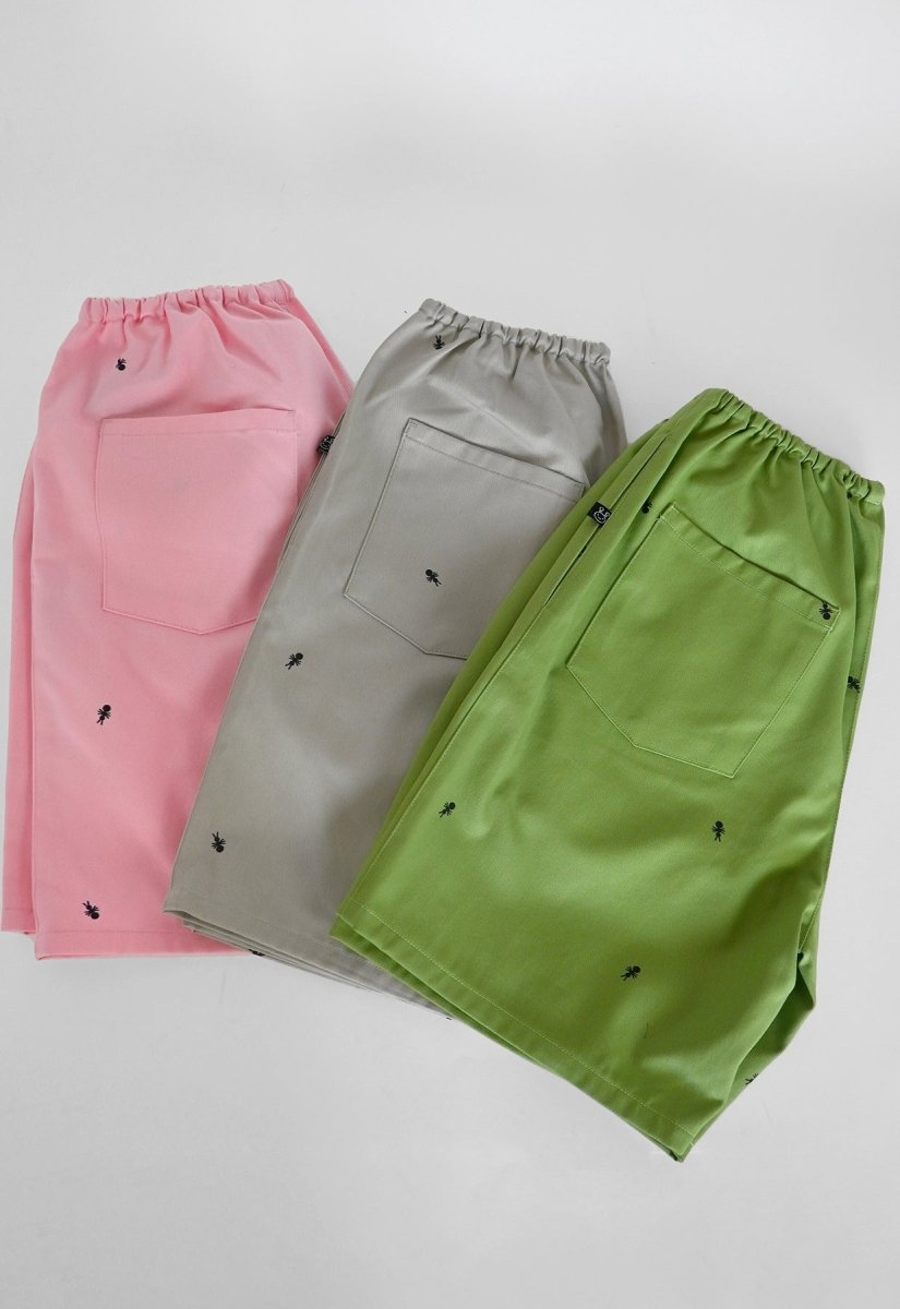 HO HOS HOLE IN THE WALL brand Custom print "Ants on Your Pants" pull-on shorts in Avocado Green, Pink Lemonade, and Pearl Grey dye colorways