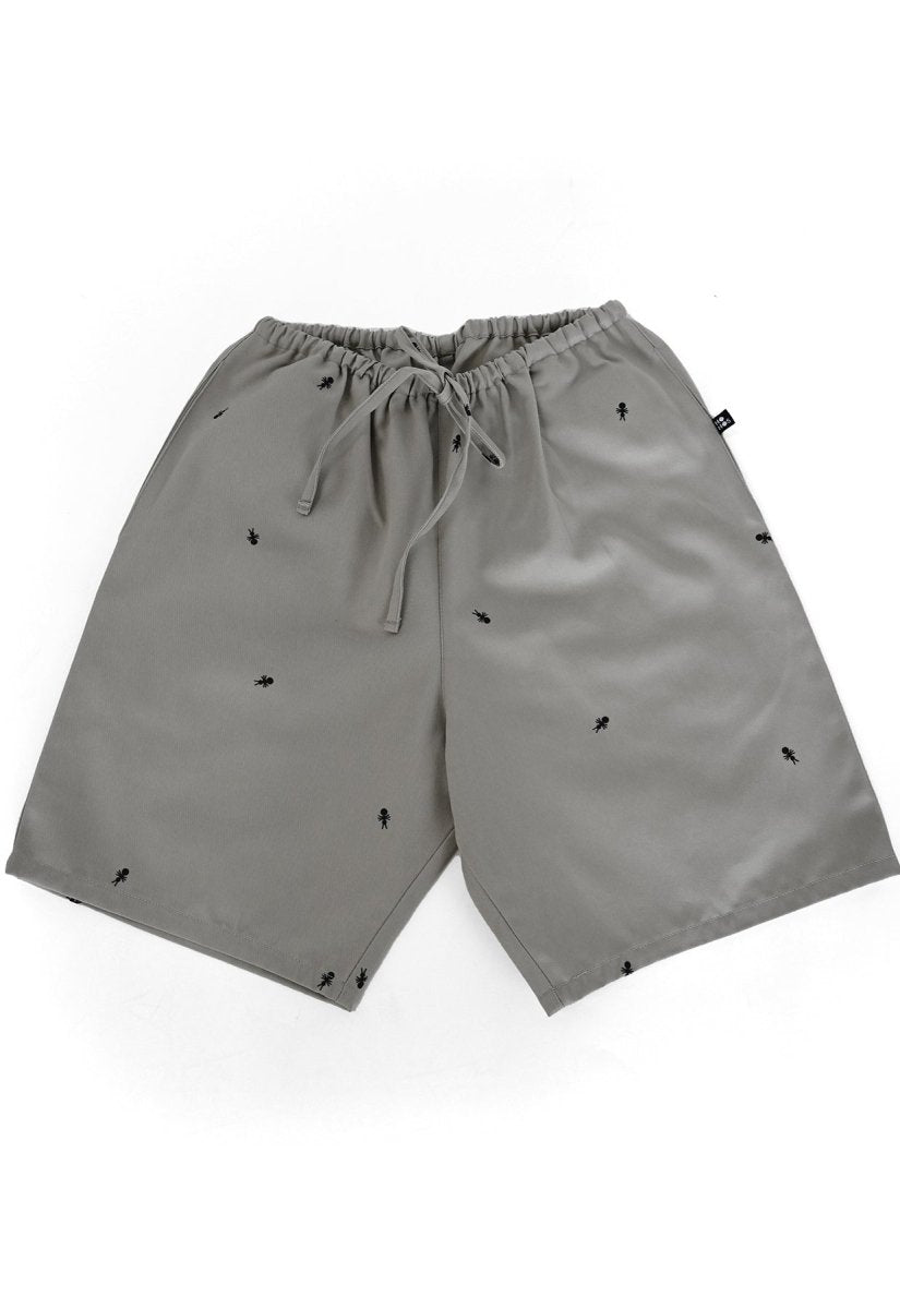 HO HOS HOLE IN THE WALL brand Custom print "Ants on Your Pants" pull-on shorts in Pearl Grey dye colorway
