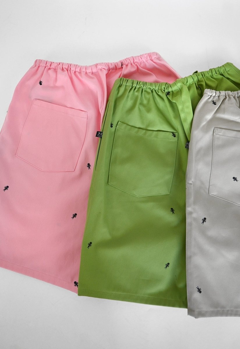 HO HOS HOLE IN THE WALL brand Custom print "Ants on Your Pants" pull-on shorts in Pink Lemonade, Avocado Green, and Pearl Grey dye colorways