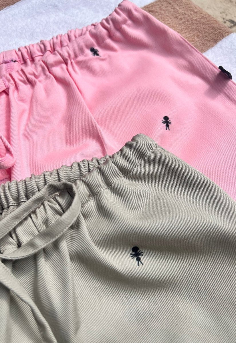 HO HOS HOLE IN THE WALL brand Custom print "Ants on Your Pants" pull-on shorts in Pearl Grey and Pink Lemonade dye colorways