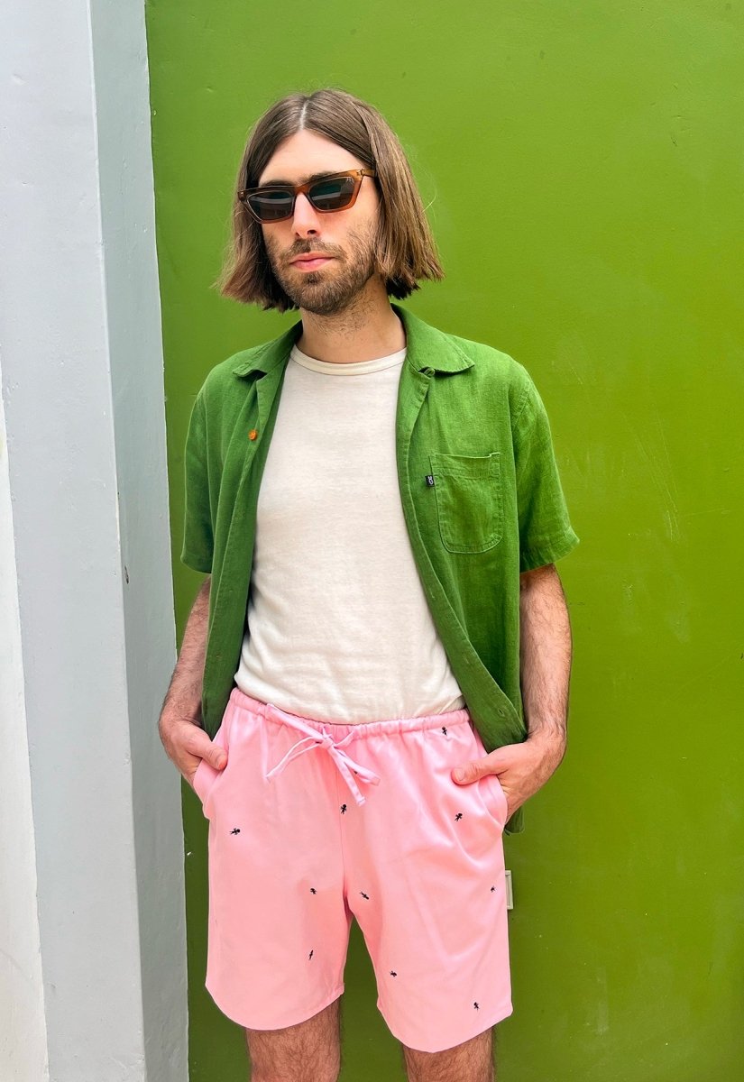 HO HOS HOLE IN THE WALL brand Custom print "Ants on Your Pants" pull-on shorts in Pink Lemonade dye colorway