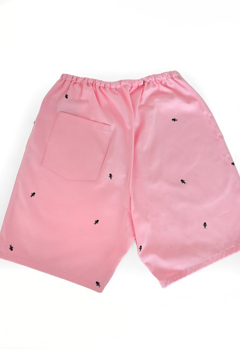 HO HOS HOLE IN THE WALL brand Custom print "Ants on Your Pants" pull-on shorts in Pink Lemonade dye colorway