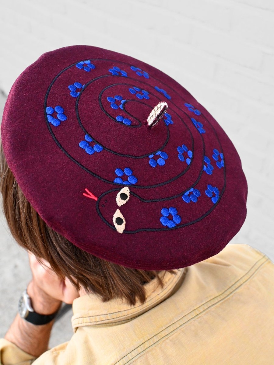 "Snake" Beret. Designed by HO HOS HOLE IN THE WALL. Made and embroidered in NYC.