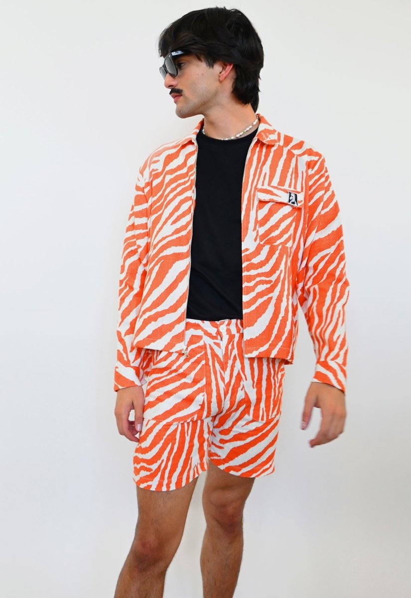orange linen zebra print suit jacket shorts